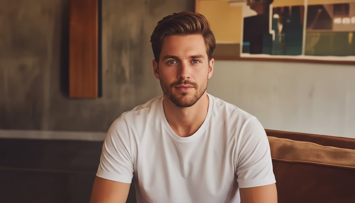 Man wearing a white t-shirt sitting indoors with a neutral background